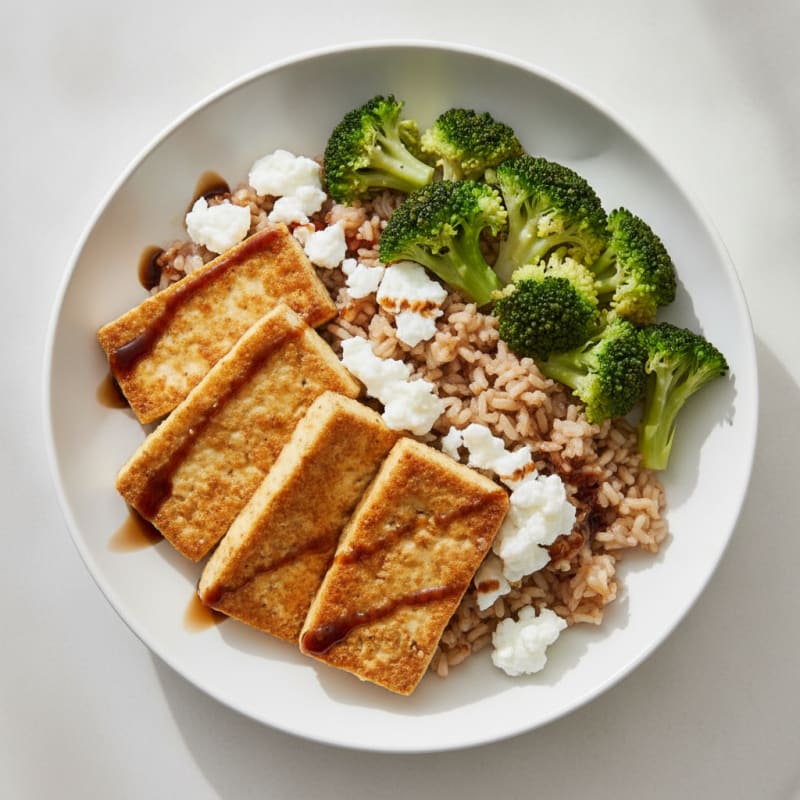 Baked Tofu Steaks with Steamed Broccoli and Brown Rice