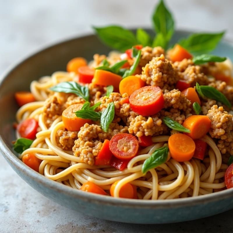 Spicy Ground Chicken with Creamy Peanut Sauce and Whole Wheat Noodles
