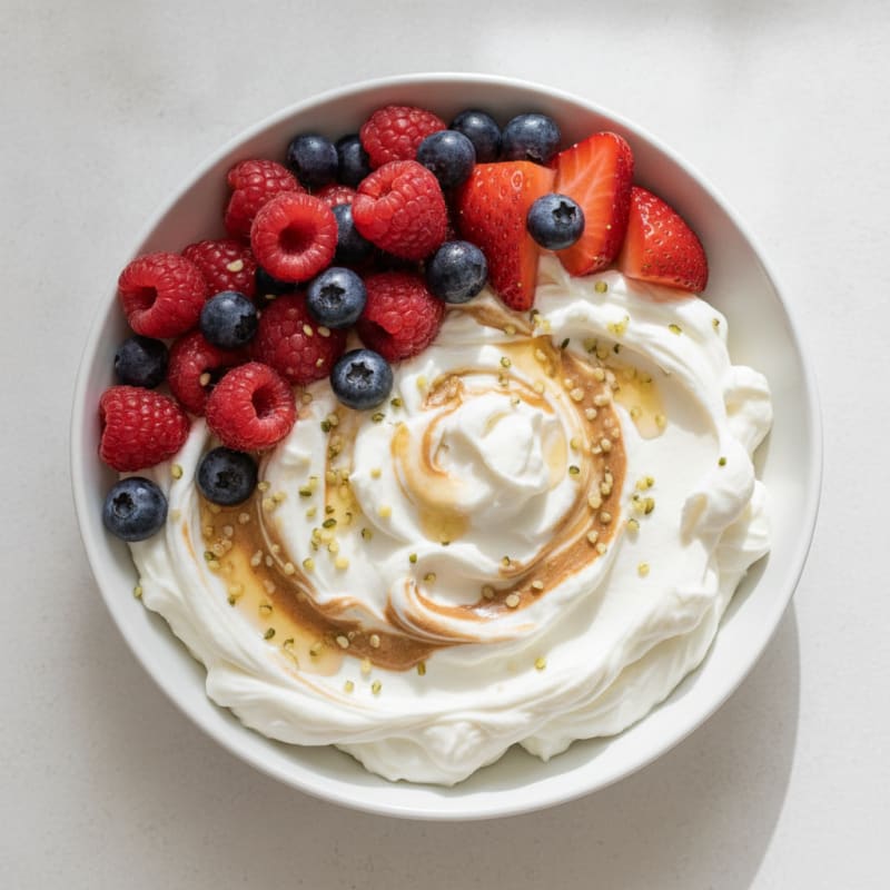 Silky Greek Yogurt Protein Pudding with Almond Butter and Mixed Berries