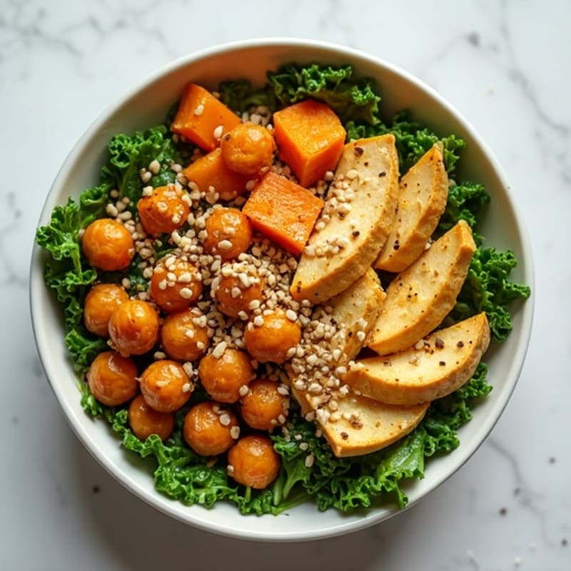 Crispy Chickpea and Roasted Sweet Potato Nourish Bowl with Lemon-Tahini Dressing