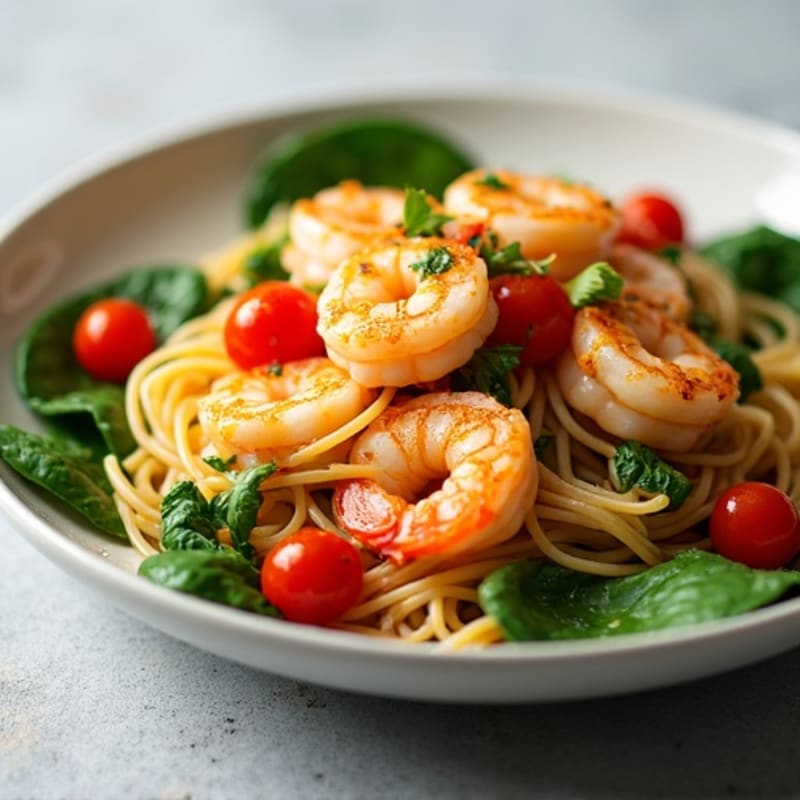 Lemon Garlic Shrimp Pasta with Blistered Tomatoes and Spinach
