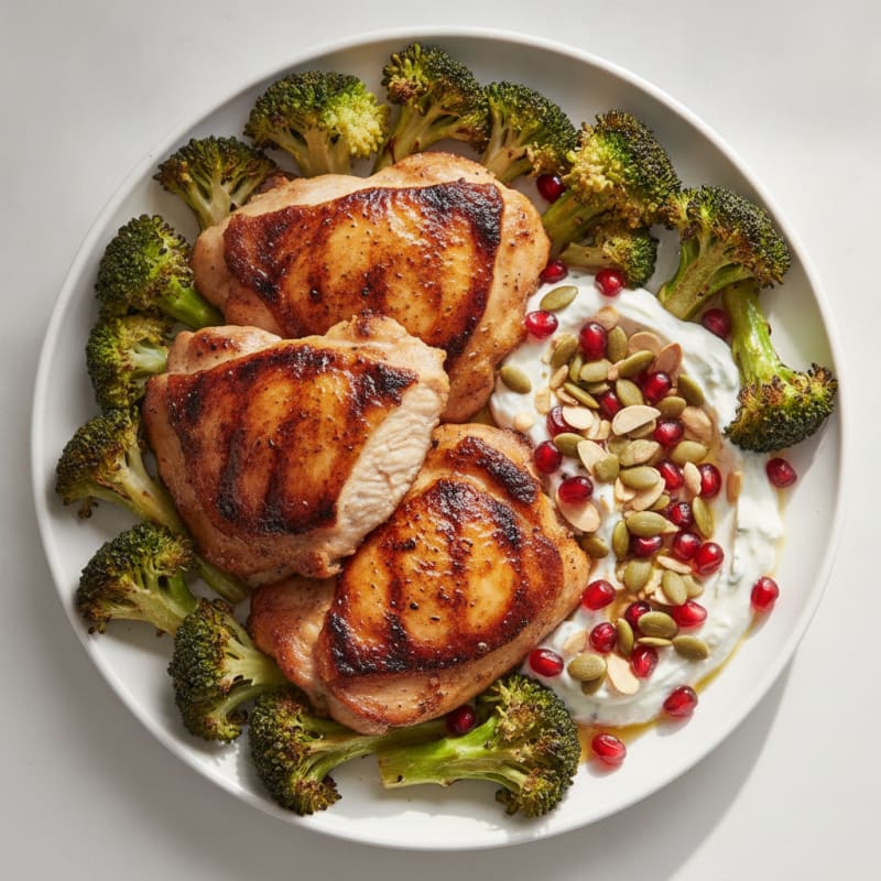 Seared Chicken Thighs with Roasted Broccoli and Toasted Pumpkin Seeds