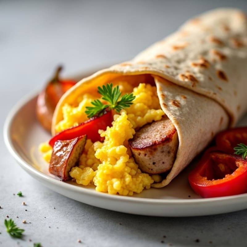 Fluffy Scrambled Egg and Turkey Sausage Whole Wheat Burrito with Crispy Roasted Veggies