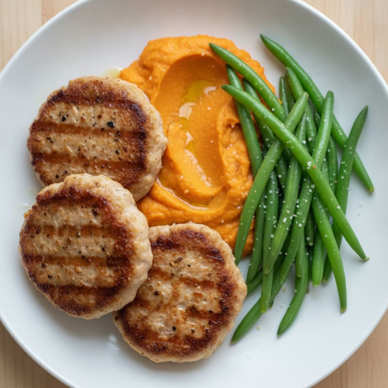 Seared Turkey Patties with Steamed Green Beans and Sweet Potato Mash
