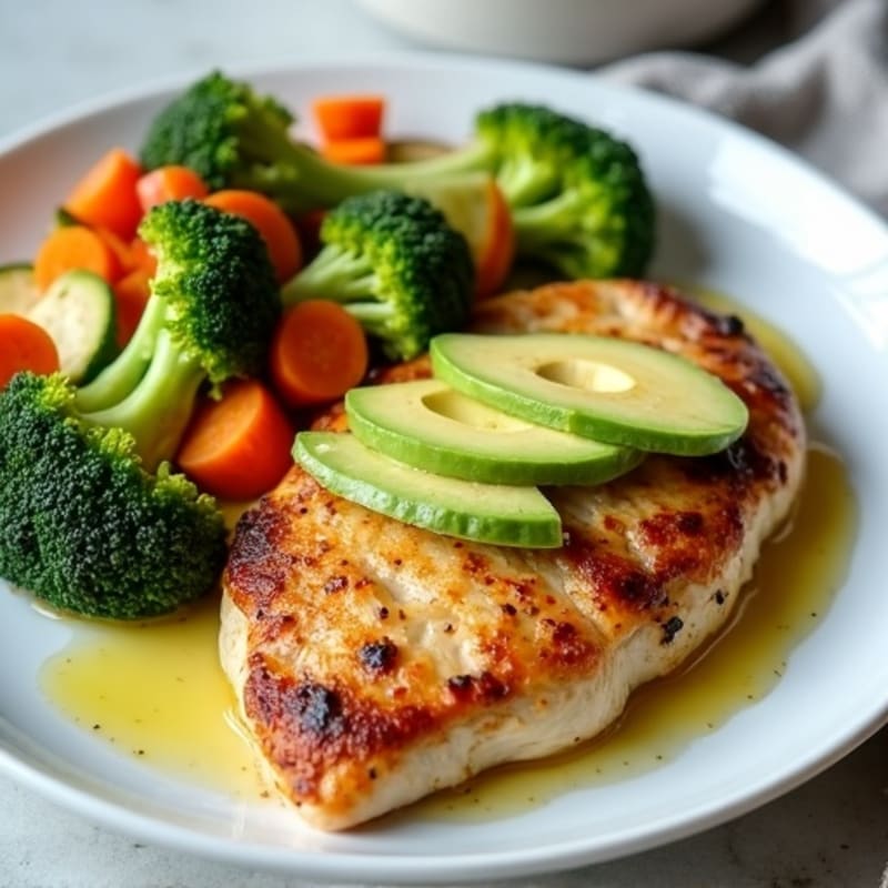Oven-Roasted Chicken Breast with Steamed Mixed Vegetables and Avocado