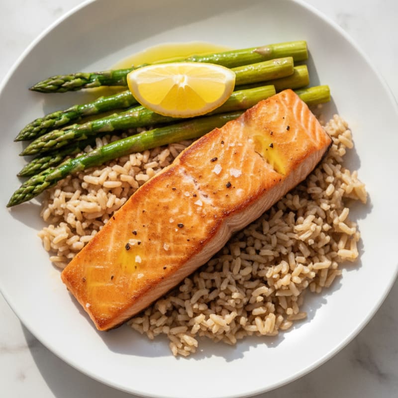 Seared Salmon Fillet with Steamed Asparagus and Brown Rice