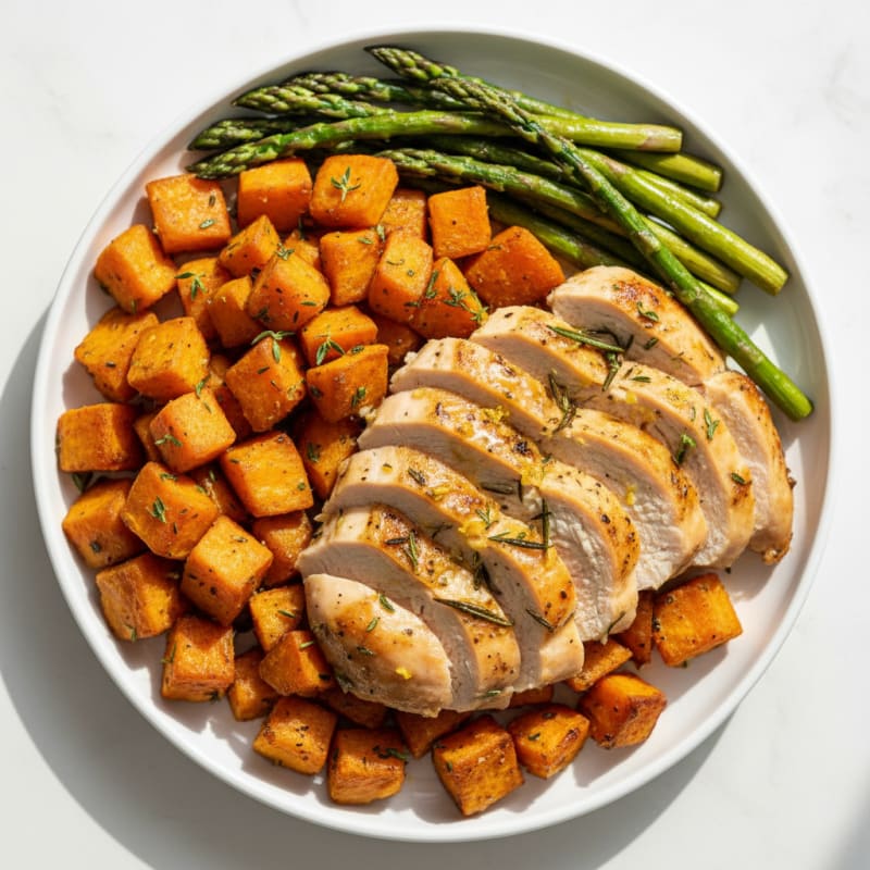 Zesty Lemon Herb Roasted Chicken with Golden Sweet Potatoes