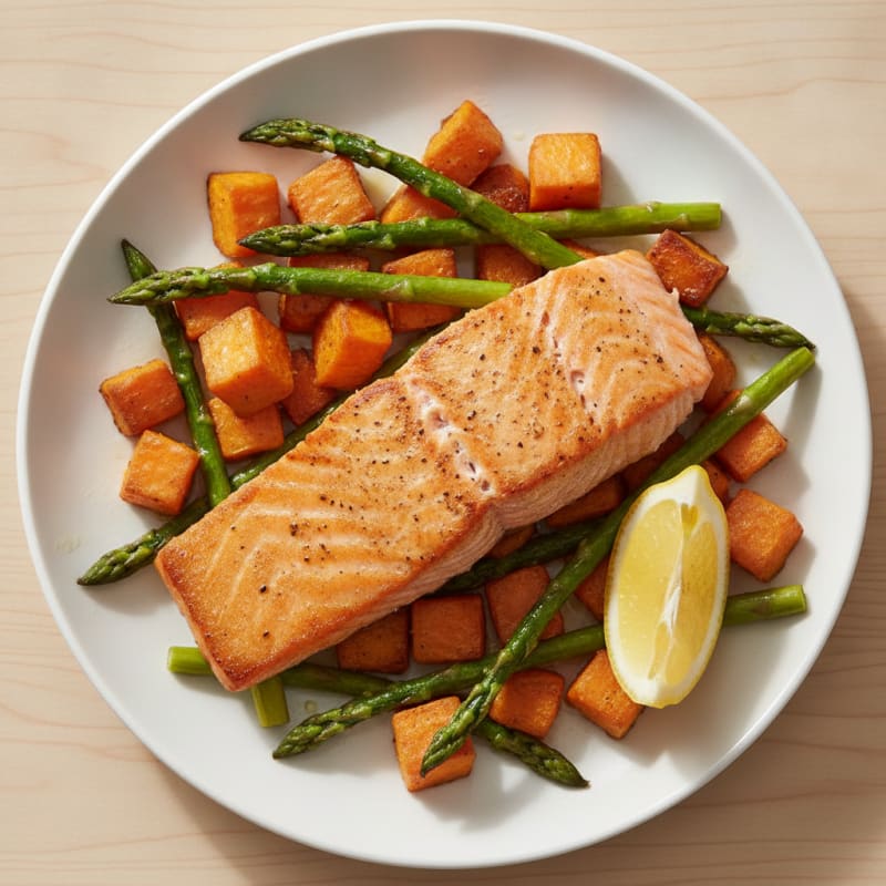 Seared Salmon Fillet with Roasted Sweet Potatoes and Asparagus