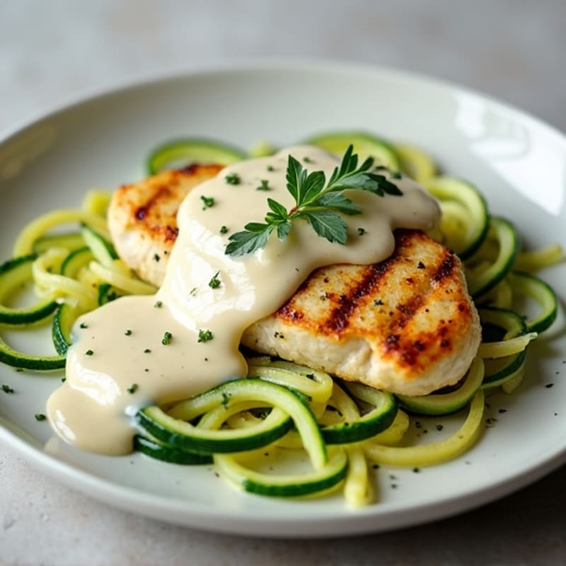 Creamy Cauliflower Alfredo Chicken with Zucchini Noodles