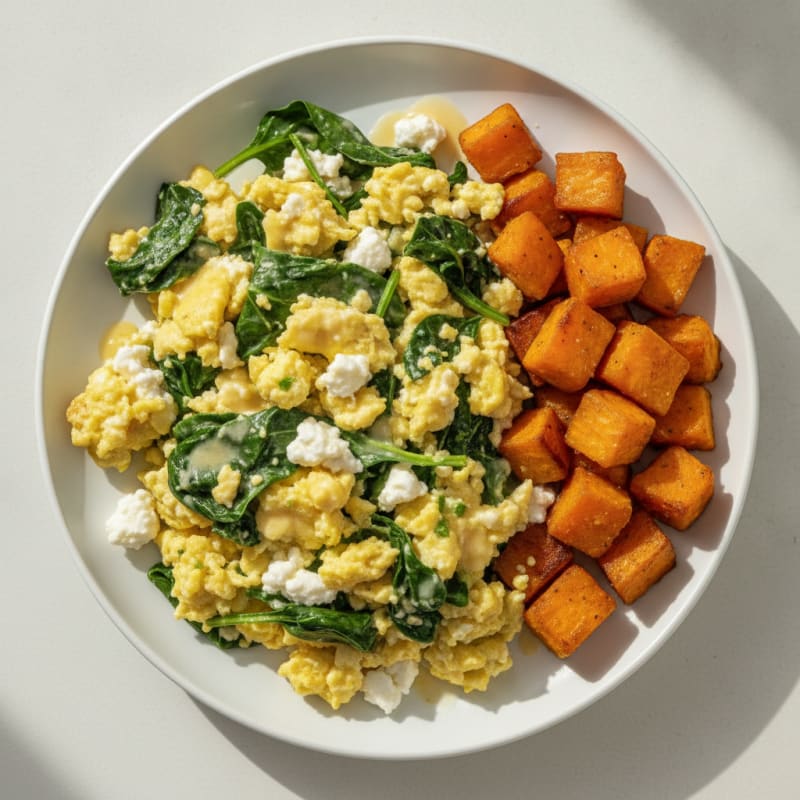 Egg and Cottage Cheese Scramble with Spinach and Sweet Potato