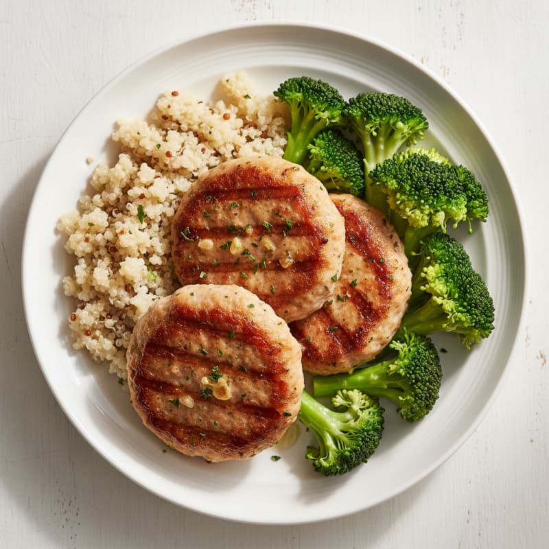 Seared Turkey Patties with Steamed Broccoli and Quinoa