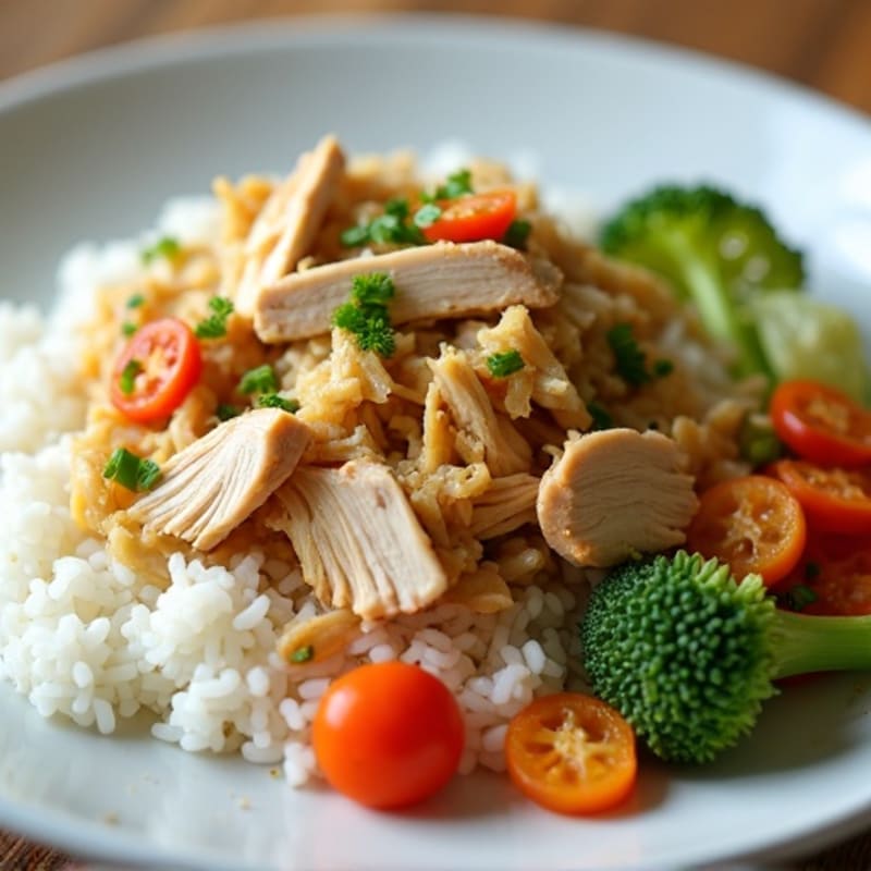 Shredded Chicken and Cabbage over Steamed Rice with Buttered Mixed Vegetables