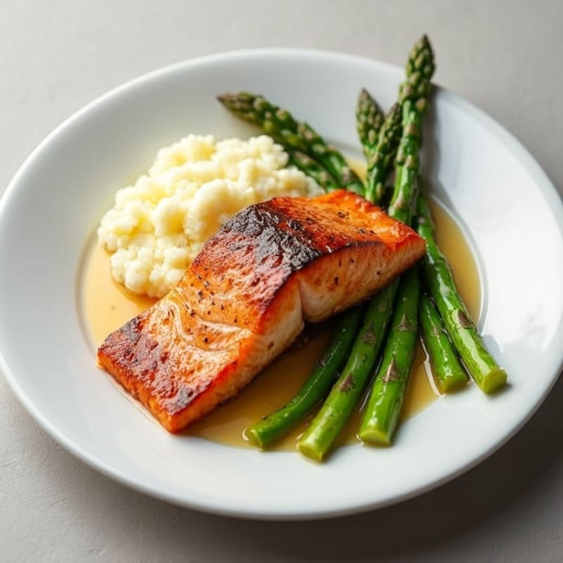 Seared Salmon with Asparagus and Cauliflower Mash