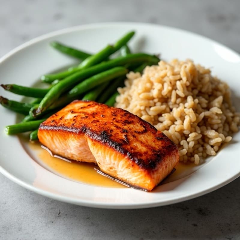 Seared Salmon with Steamed Green Beans and Brown Rice