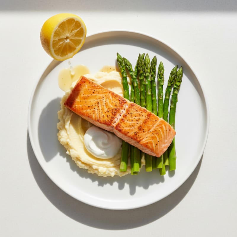 Seared Salmon with Steamed Asparagus and Cauliflower Mash