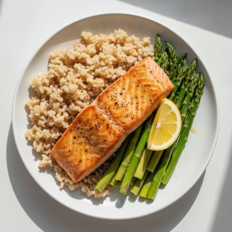 Seared Salmon with Steamed Asparagus and Brown Rice