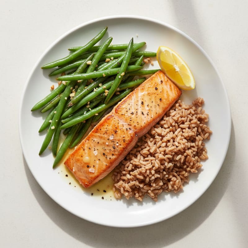 Seared Salmon Fillet with Garlic Green Beans and Brown Rice