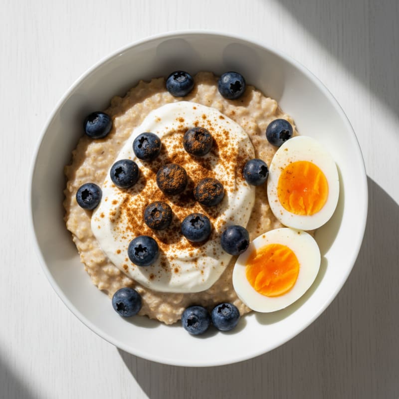 Creamy Oatmeal with Greek Yogurt and Boiled Eggs