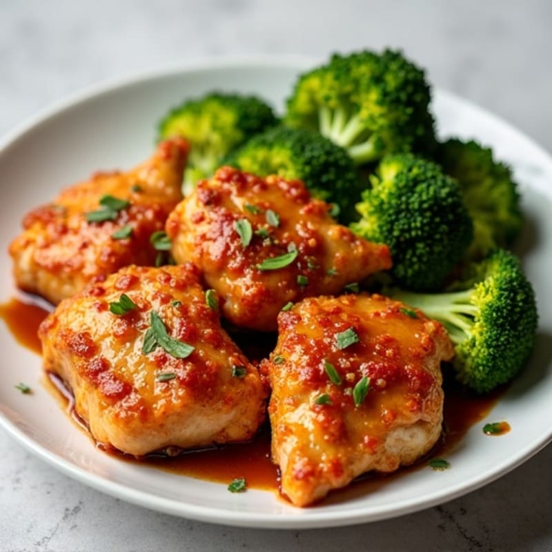 Crispy Baked Chicken with Sweet and Spicy Garlic Ginger Sauce and Steamed Broccoli