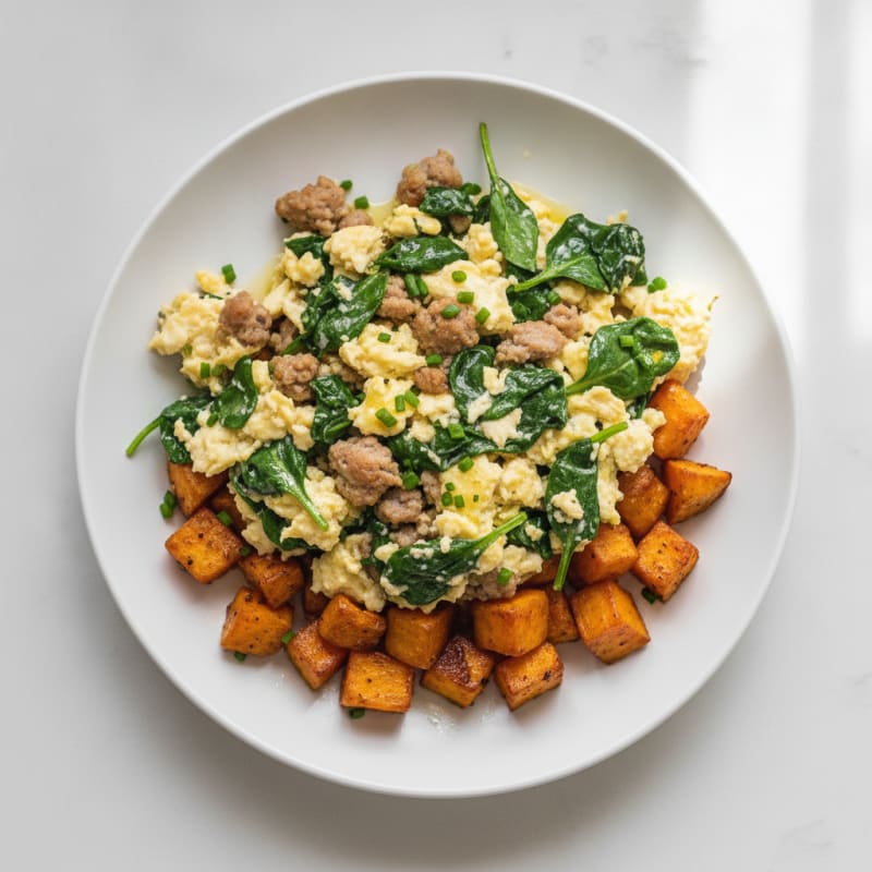 Egg White and Turkey Sausage Scramble with Spinach and Roasted Sweet Potatoes