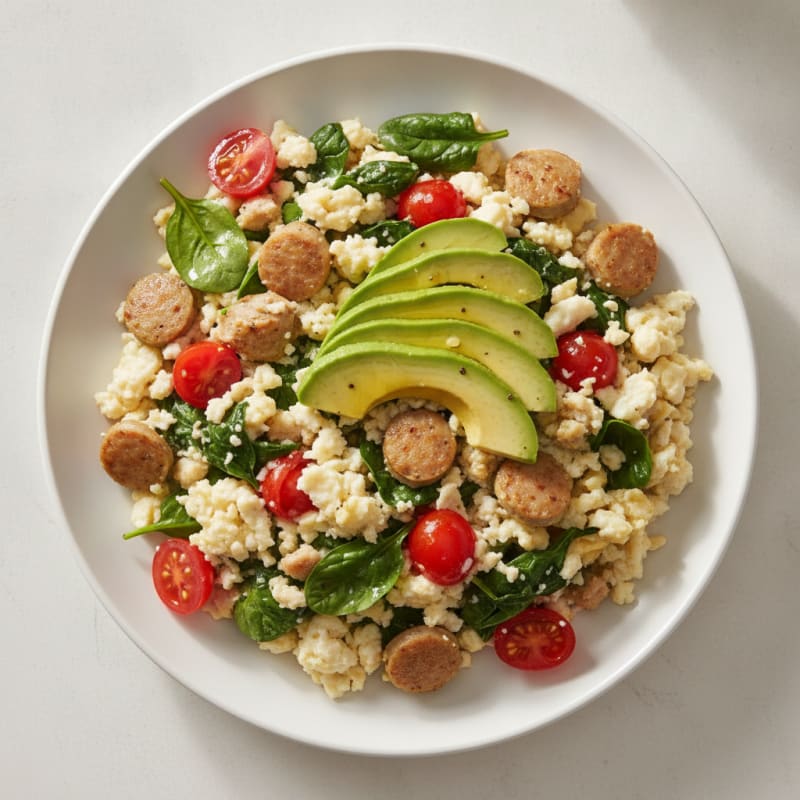 Egg White and Turkey Sausage Scramble with Spinach and Tomatoes