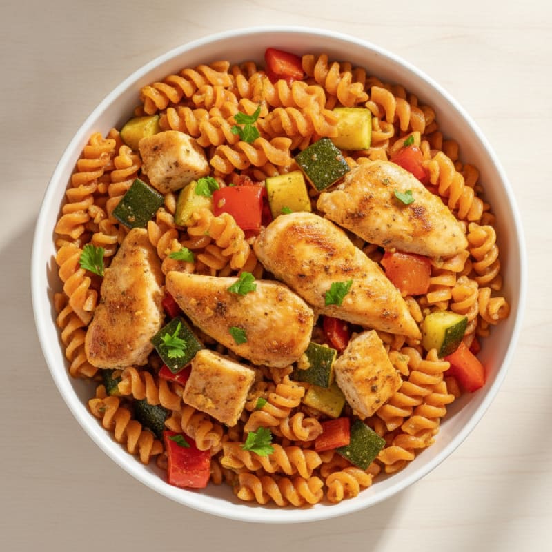 High Protein Roasted Vegetable and Chicken Lentil Pasta