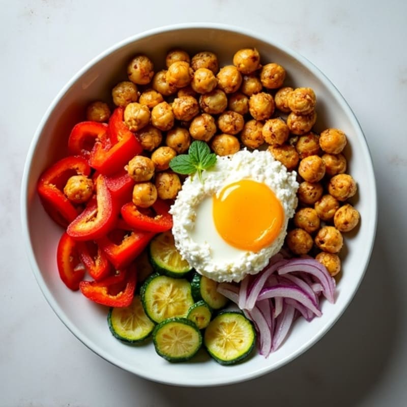 Creamy Cottage Cheese Power Bowl with Roasted Vegetables and Crispy Chickpeas