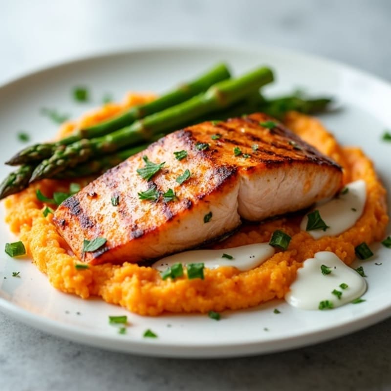 Seared Salmon with Steamed Asparagus and Sweet Potato Mash