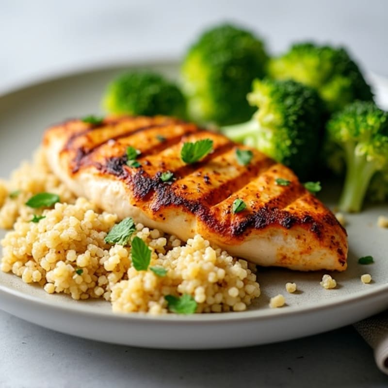 Grilled Chicken Breast with Steamed Broccoli and Quinoa