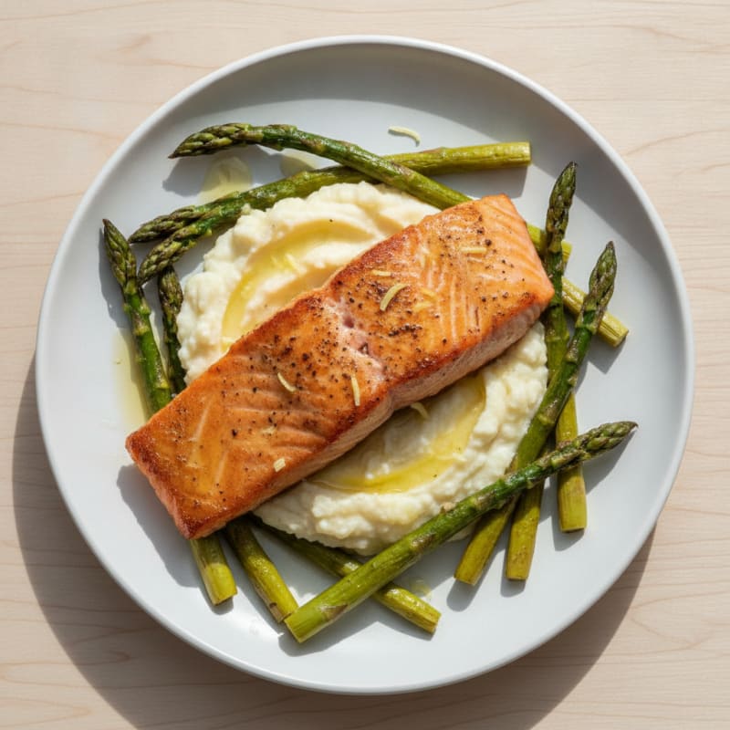 Seared Salmon Fillet with Roasted Asparagus and Cauliflower Mash