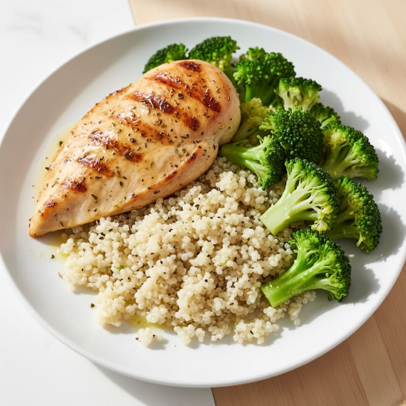 Grilled Chicken Breast with Steamed Broccoli and Quinoa