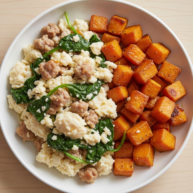 Scrambled Egg Whites with Turkey Sausage and Sautéed Spinach