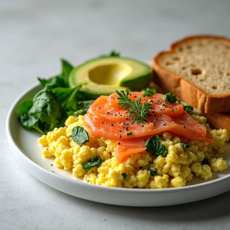 Smoked Salmon Scramble with Sautéed Spinach and Avocado