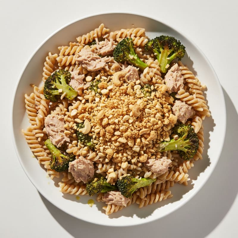 Tuna and Rice Pasta Toss with Roasted Broccoli and Cashew Crumble