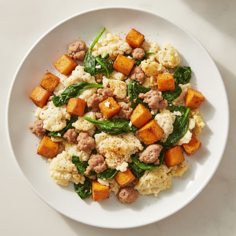Egg White and Turkey Sausage Scramble with Spinach and Roasted Sweet Potato