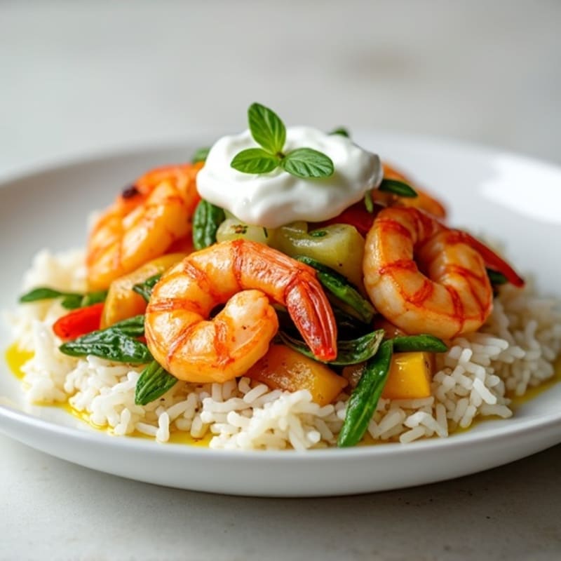 Grilled Shrimp and Vegetable Stir Fry with White Rice