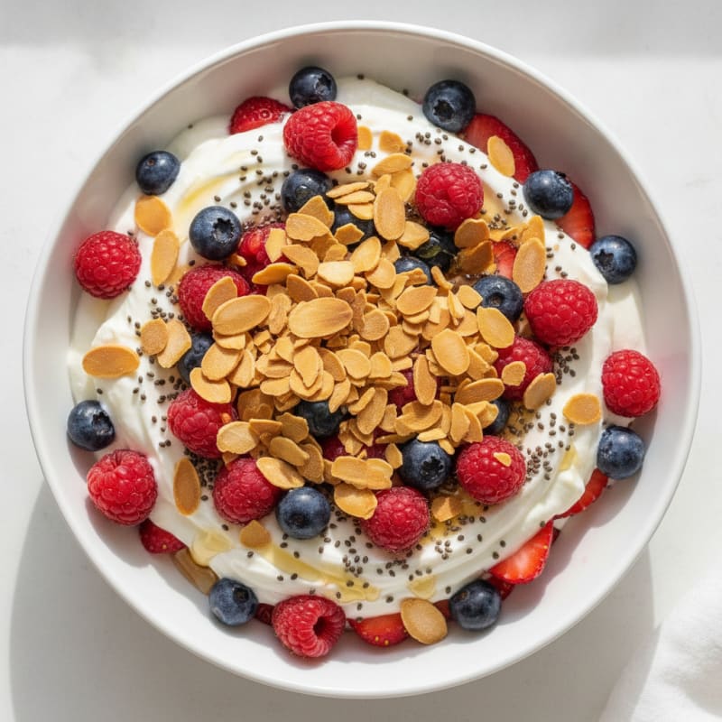 Greek Yogurt Parfait with Chia, Almonds, and Mixed Berries