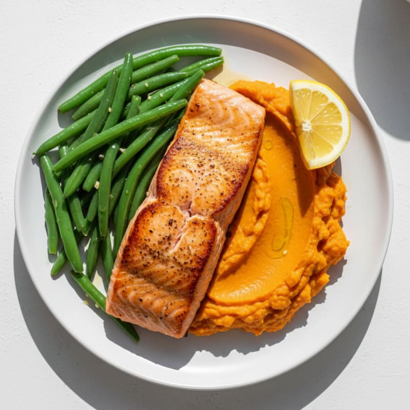 Seared Salmon with Steamed Green Beans and Sweet Potato Mash