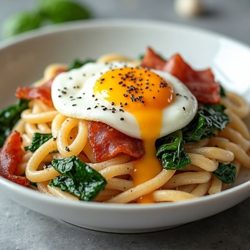 Creamy Whole Wheat Pasta with Crispy Prosciutto and Wilted Spinach