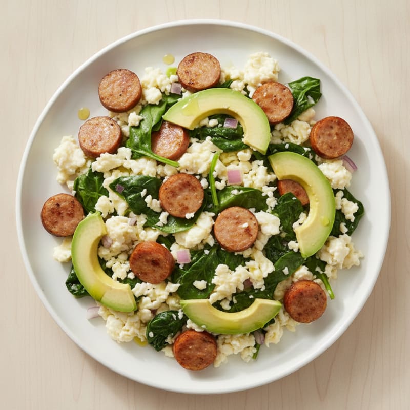 Egg White Scramble with Turkey Sausage and Sautéed Spinach