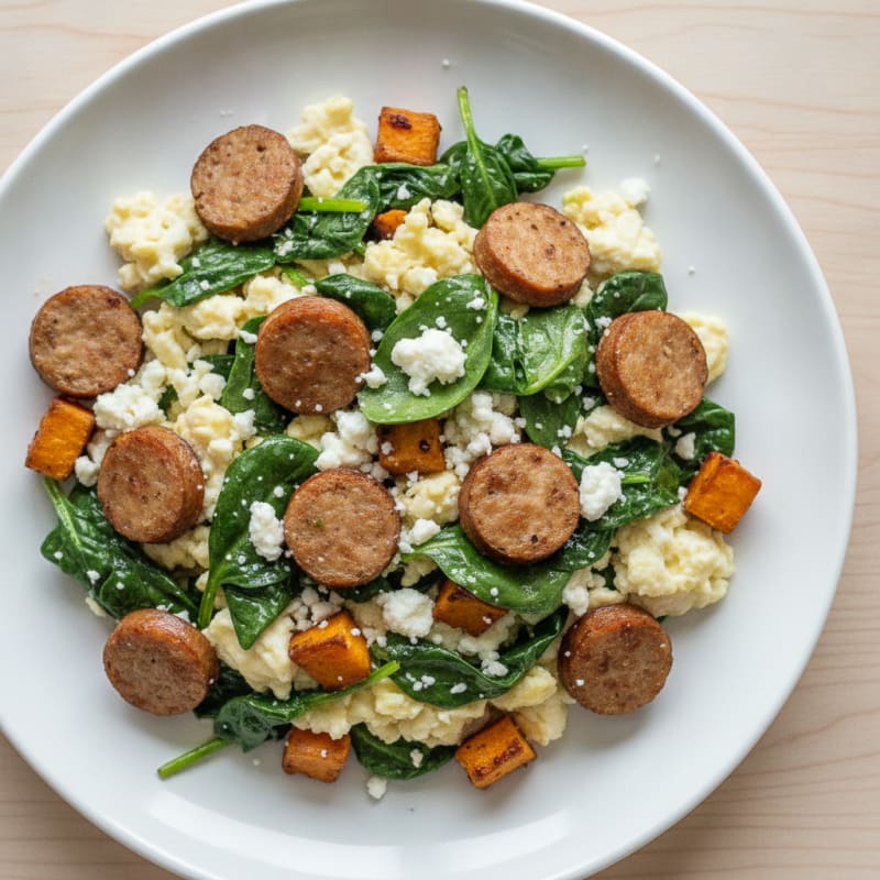 Egg White and Turkey Sausage Scramble with Sautéed Spinach and Feta
