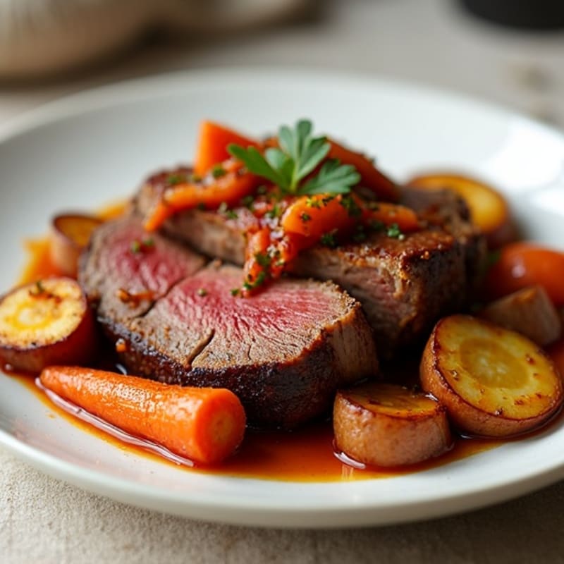 Slow-Cooked Smoky Brisket with Crispy Roasted Root Vegetables