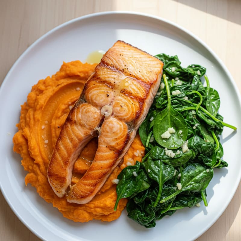 Seared Salmon with Garlic Spinach and Sweet Potato Mash
