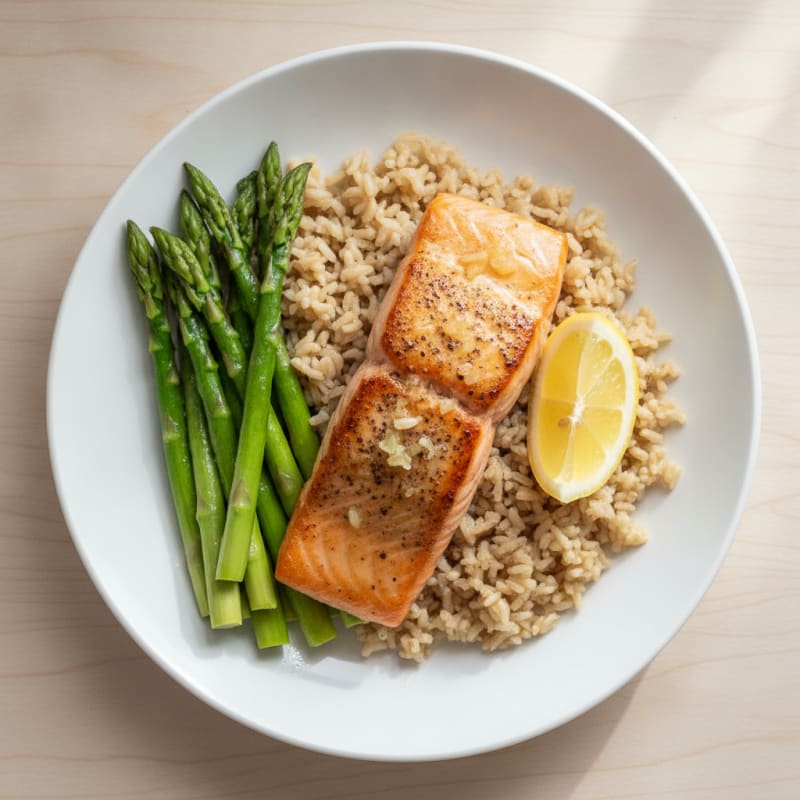 Seared Salmon Fillet with Steamed Asparagus and Brown Rice
