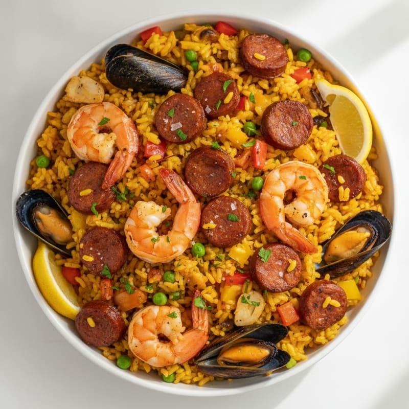 Saffron Seafood Paella with Chorizo