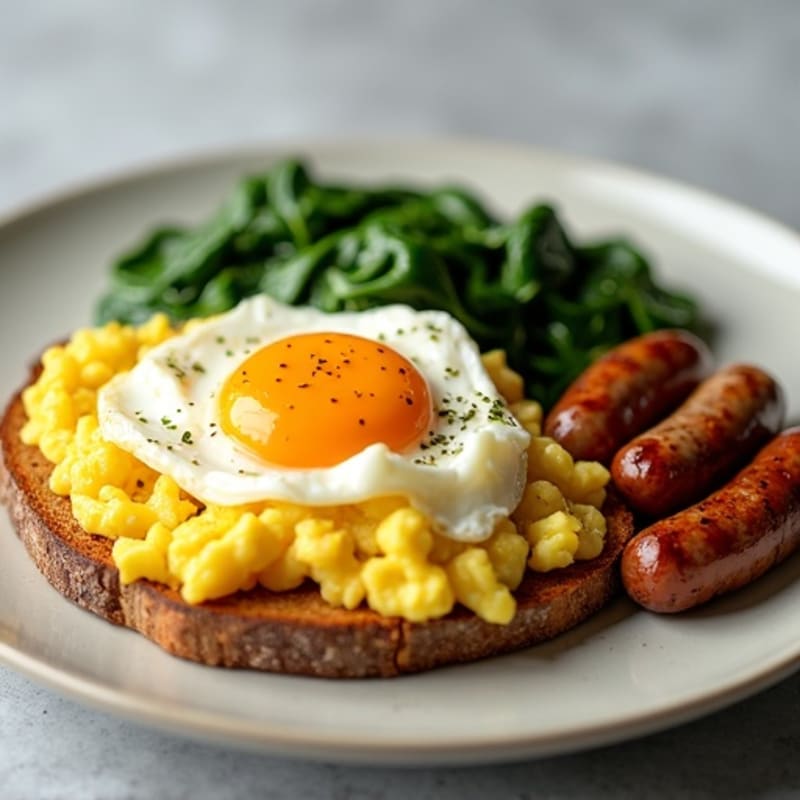 Scrambled Eggs with Chicken Sausage and Sautéed Spinach