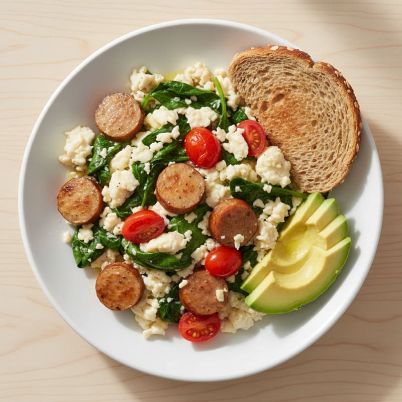 Egg White and Turkey Sausage Scramble with Spinach and Cherry Tomatoes