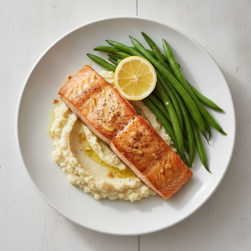 Seared Salmon with Steamed Green Beans and Garlic Cauliflower Mash