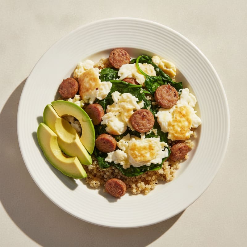 Egg White and Spinach Scramble with Turkey Sausage and Quinoa