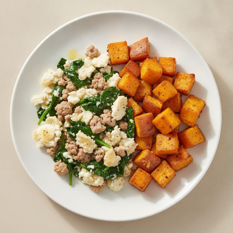 Egg White and Turkey Spinach Scramble with Roasted Sweet Potatoes